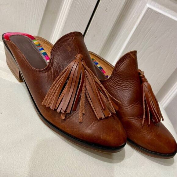 TEYSHA MULES SLIDE ON SHOES BOHEMIAN FRINGE 100% LEATHER/MAYAN TEXTILE Sz 6.5 - Picture 10 of 16